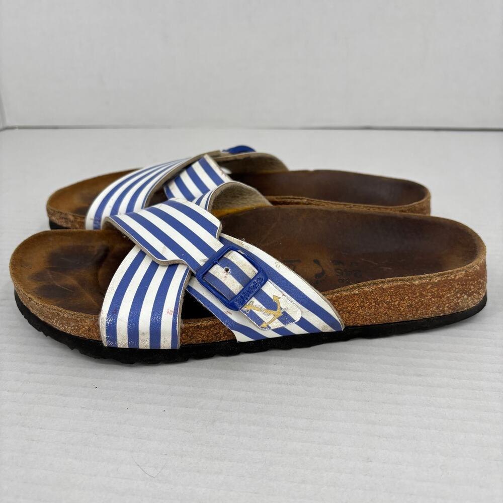 Birkenstock Slide Sandals Womens Size 7 Blue White Nautical Stripe Cross Strap - Picture 4 of 9